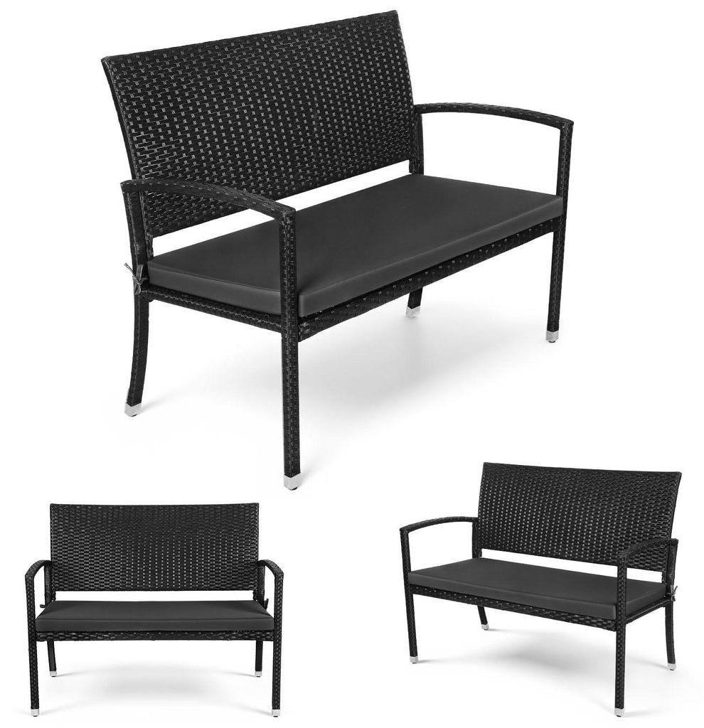 Peviasot Gartenbank 2 Personen Schwarz Rattan-Optik mit Polster, Sitzbank für Balkon Terrasse Garten