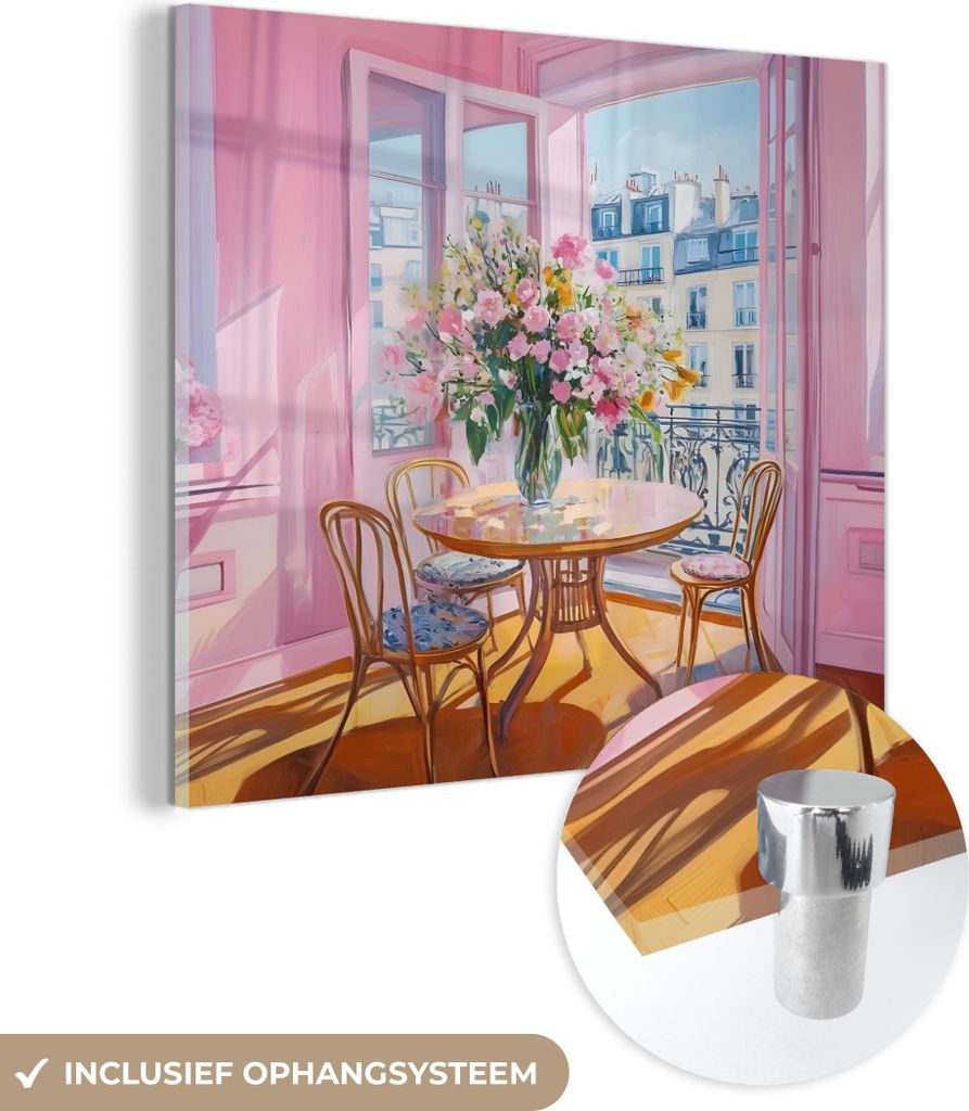MuchoWow Glasbilder - Bilder auf Wandbild - Foto auf Glas Rosa - Stadt - Blumen 40x40 cm Wanddekoration aus Glas - Acrylglasbild - Acrylbilder