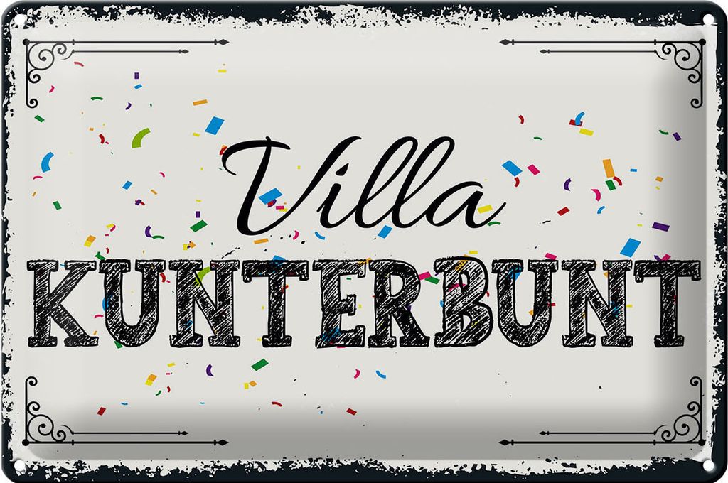 Blechschild Villa Kunterbunt, Größe 30 x 20 cm, Blechschilder Deko Spruch Haus