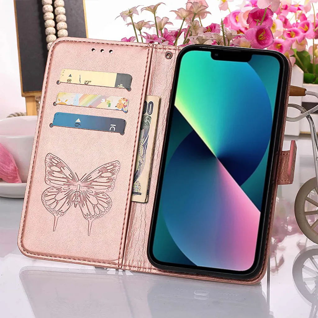 Custodia in Pelle iPhone 13 Pro Oro Rosa - Farfalla Flip Case Robusta - 5