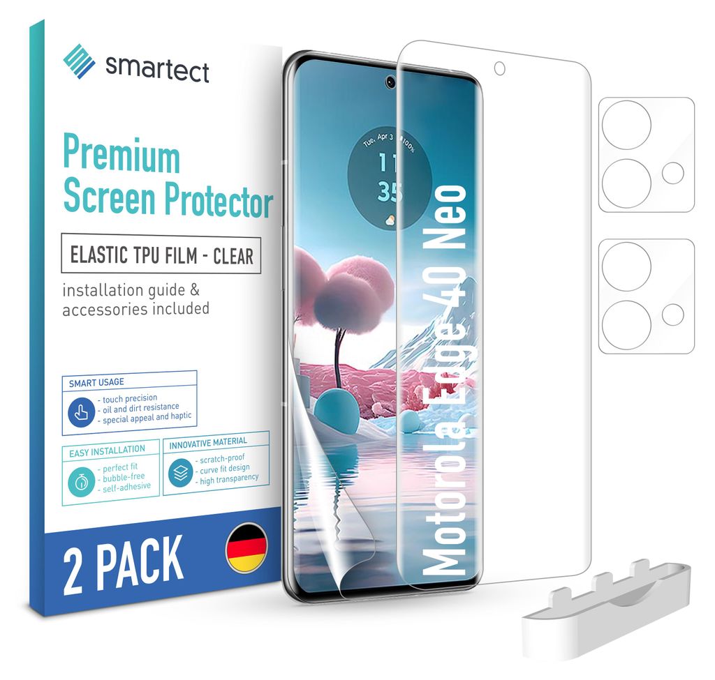 The image shows the packaging of a screen protector for a Motorola Edge 40 Neo phone. The packaging includes the screen protector itself, a phone displaying a wallpaper, and two camera lens protectors.