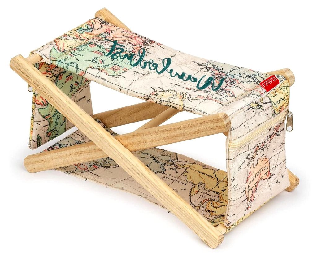 Kopfstütze aus Holz mit gepolstertem Kissen und 2 Seitentaschen mit Reißverschluss, für Strand oder Schwimmbad, Maße: 25,5 x 17 cm, Motiv: Travel