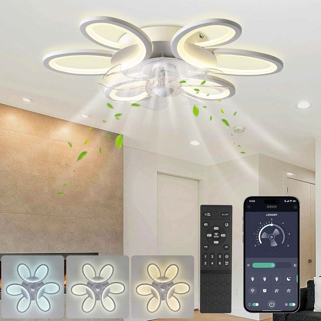 Deckenventilator Mit LED-Beleuchtung & Fernbedienung – 6 Windstufen, Dimmbar, Timer, Umkehrbar, Blütenform-Design (weiß/schwarz)