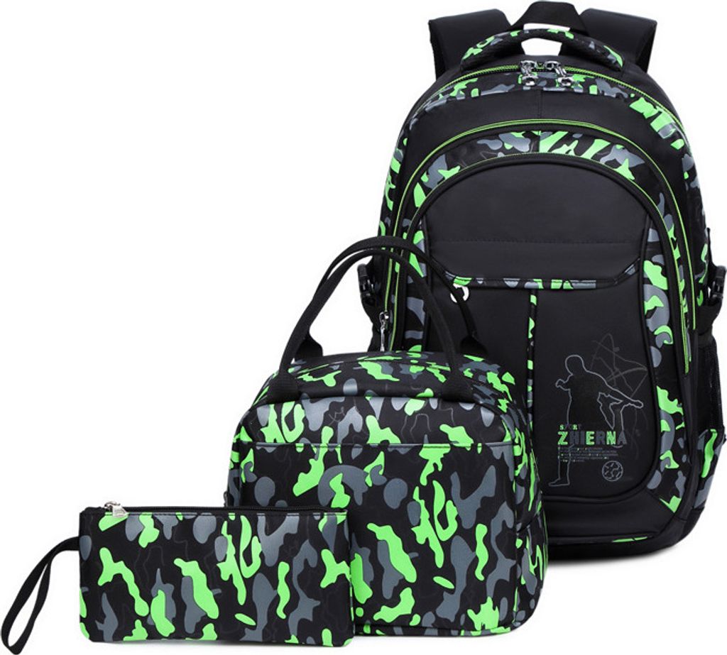 Grosse Kapazität Schulrucksack Teenager, 3 Teile Set Kinderrucksack/Camouflage Rucksäcke/Schulranzen Für Schule, Grün