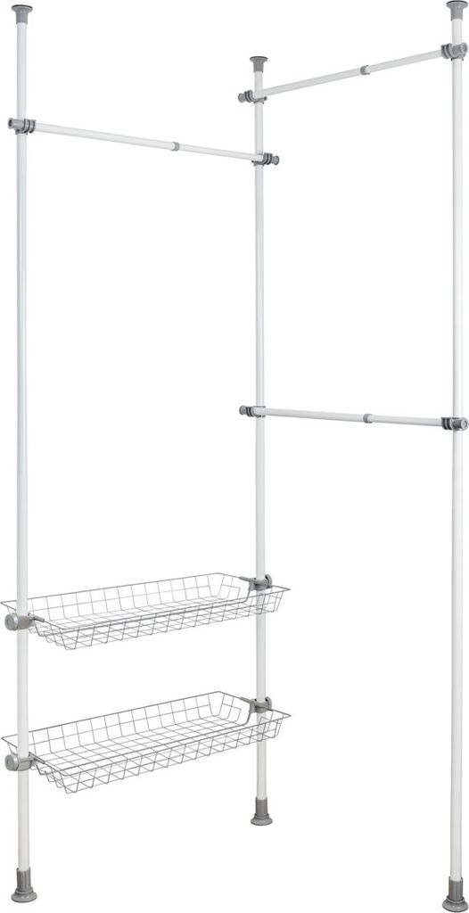 A white background with a white and gray adjustable telescopic wardrobe system.