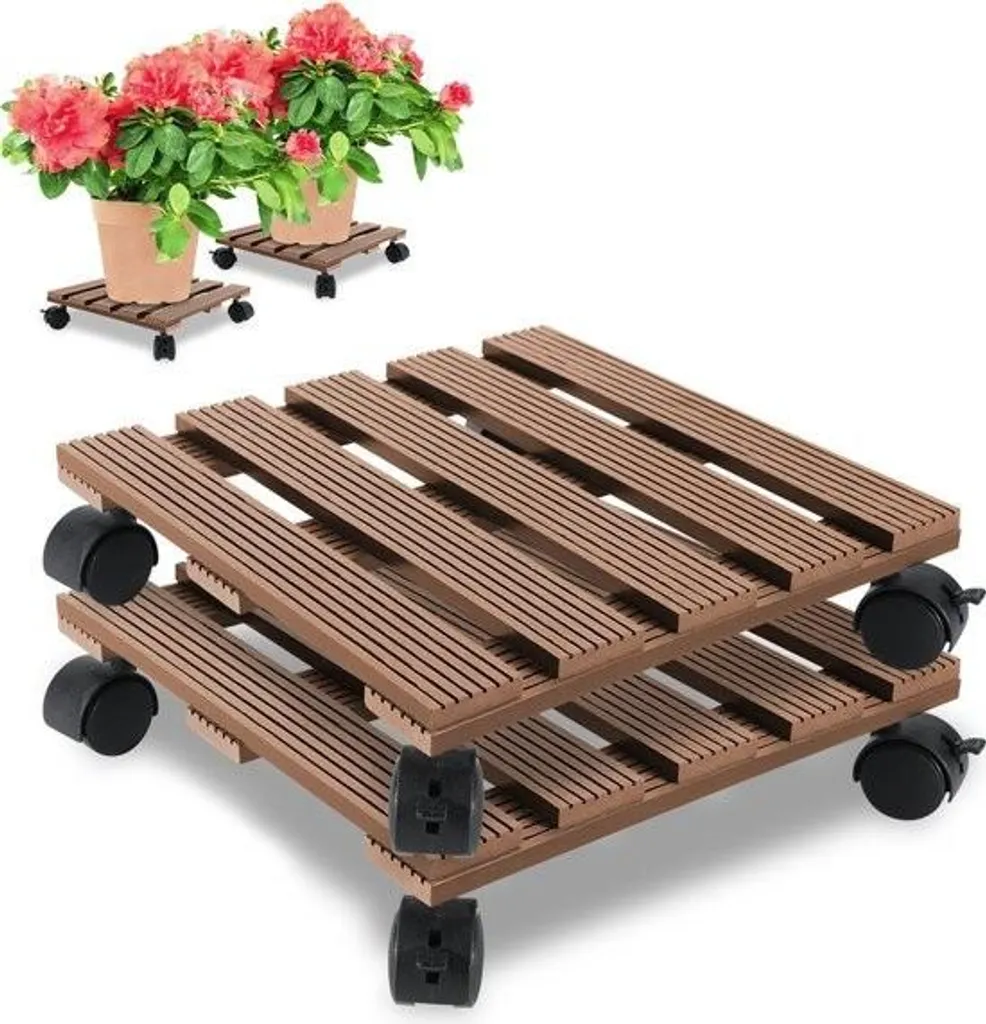 2x Rouleau pour plantes carré marron 80kg - Support pot de fleurs mobile