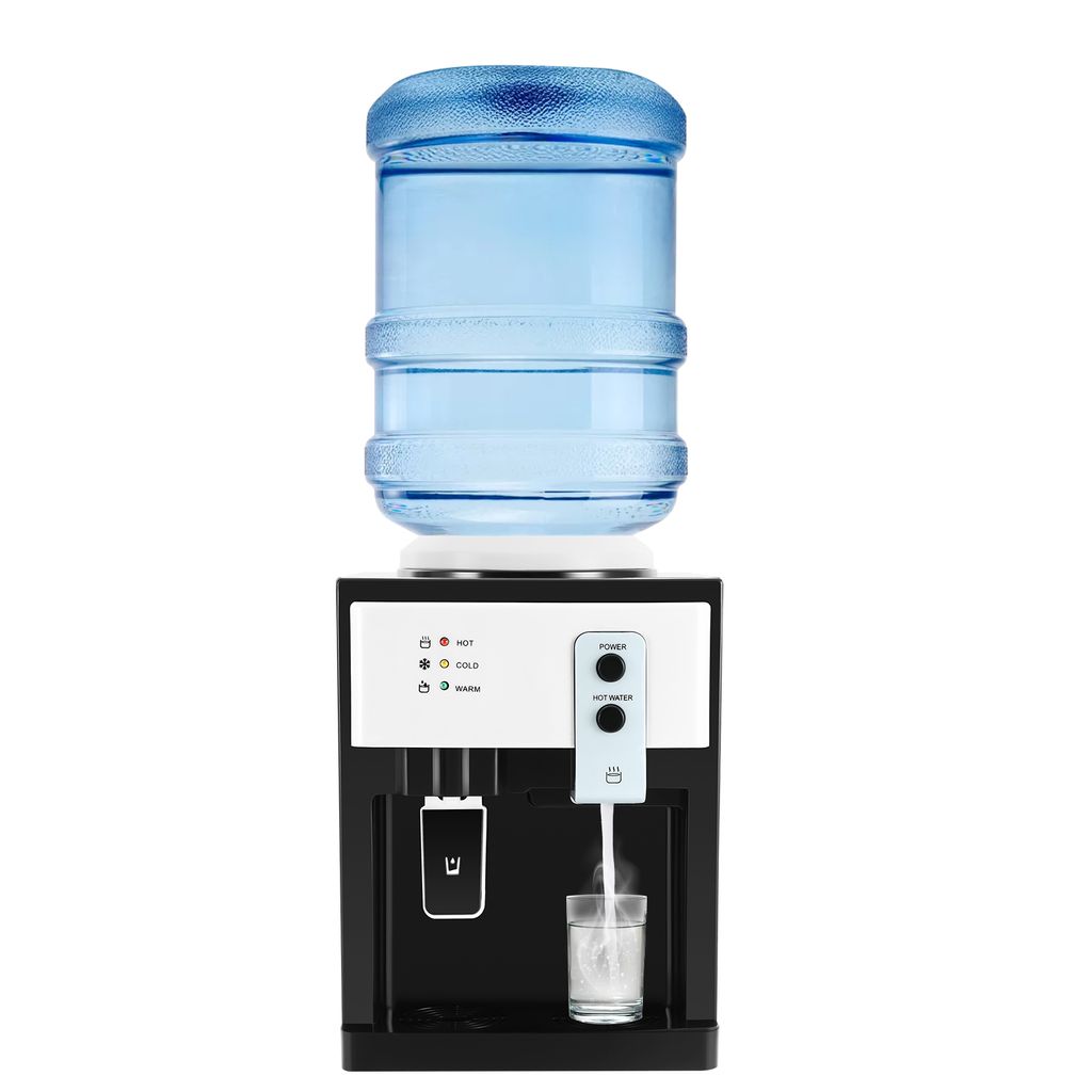 A water cooler dispenser with a full water bottle on top, dispensing water into a glass.