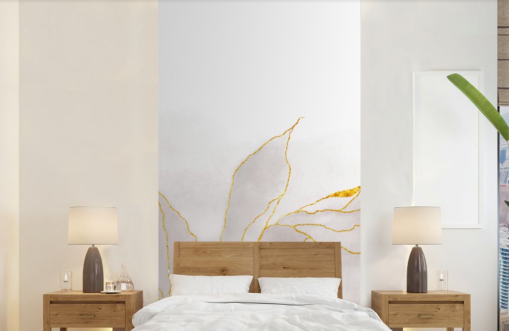 MuchoWow Fototapete für Wohnzimmer oder Schlafzimmer Wandtapete Vinyl Motivtapete Marmoroptik - Grau - Gold - Chic - Marmor - 120x240 cm - Hinte...