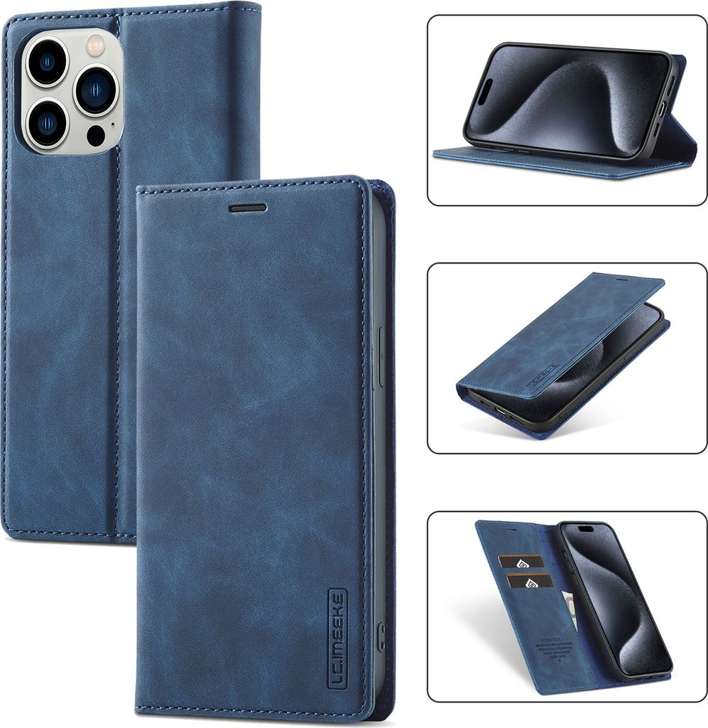 iPhone 15 Pro Hülle, Standfunktion Kartenfach Wallet Leder Schutzhülle für iPhone 15 Pro Blau