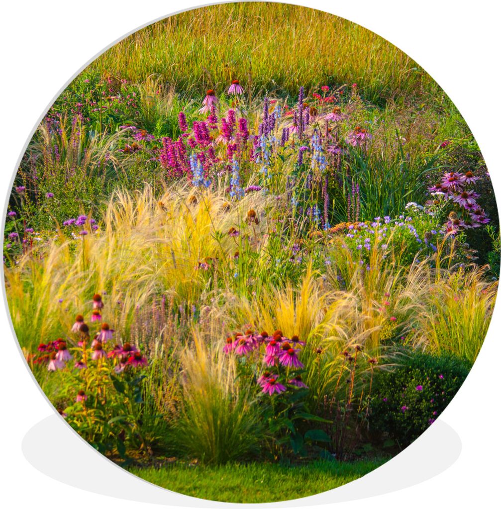 MuchoWow Rundes Wandbild - Runde Bilder Ziergras mit farbigen Blüten Ø 60 cm Kreis Wanddekoration Kunststoff - Wandkreis - Wandschmuck - Wand K...