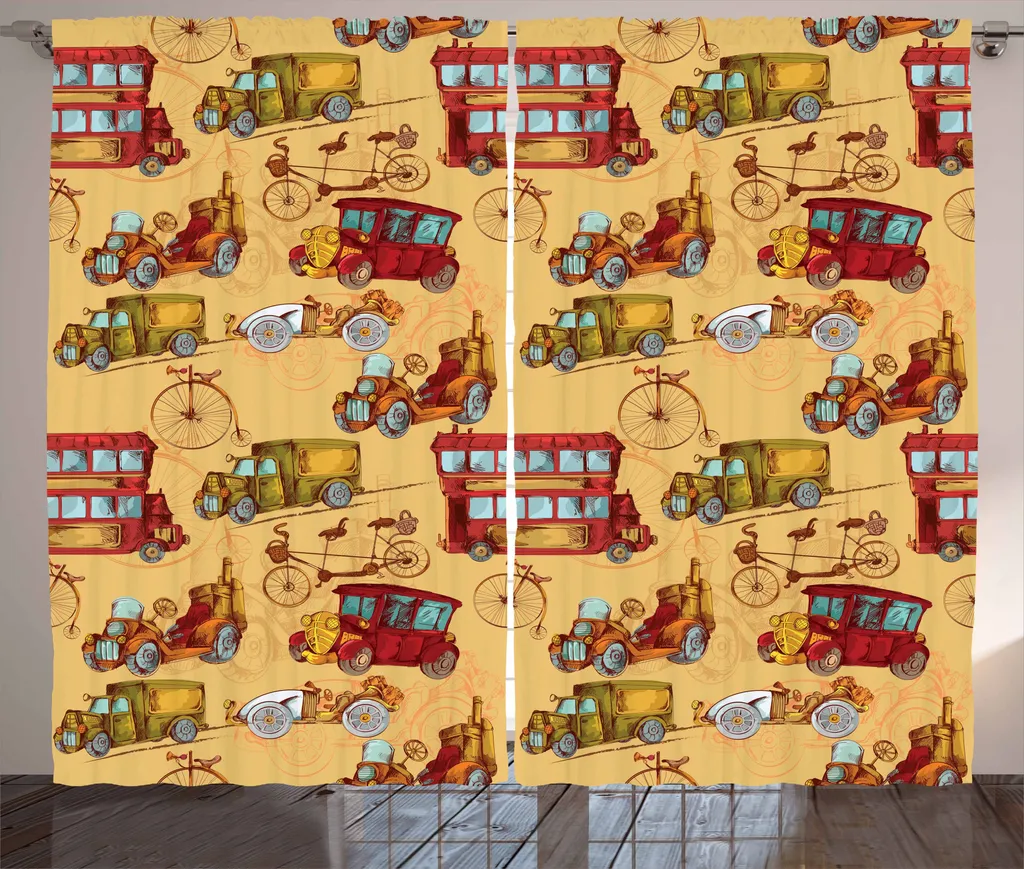 ABAKUHAUS Tenda rustica con automobili, Steampunk Vintage Vehicle, tenda con passanti e ganci per camera da letto, 280 x 175 cm, senape rosso verde oliva