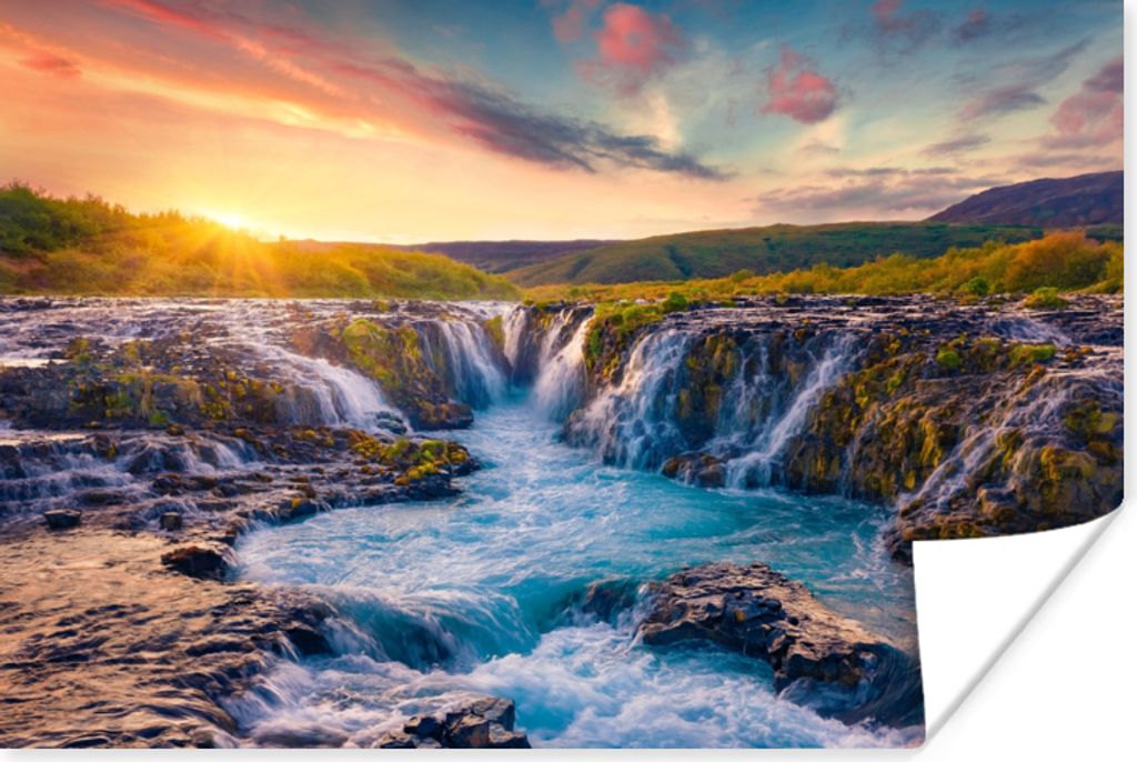 MuchoWow Poster Wasserfall - Pflanzen - Moos - Landschaft - Sonnenuntergang - Fels 90x60 cm - Schlafzimmer