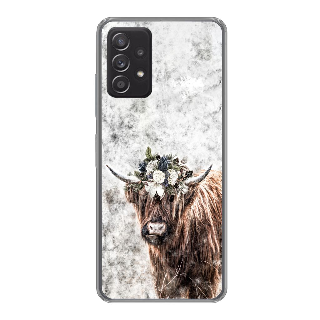 MuchoWow Handyhülle Schutzhülle Hülle für Samsung Galaxy A53 5G Schottischer Highlander - Marmor - Blumen Silikon Softcase Handy Hülle - Sch...