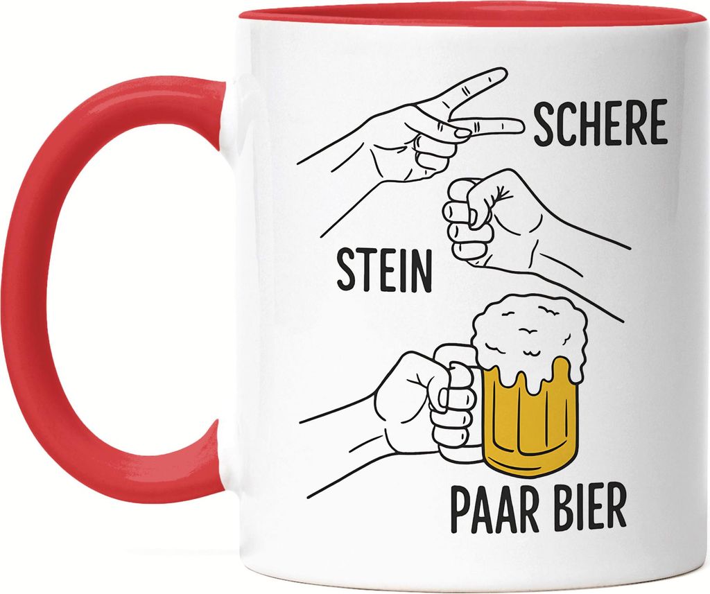 Schere Stein Bier Tasse Rot – Lustiger Kaffeebecher für Männer, Frauen und Bierfreunde