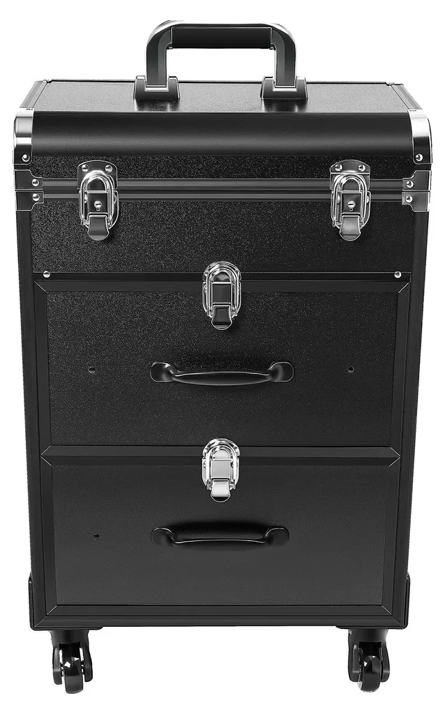 Valise maquillage à roulettes : Rangement professionnel noir 360 degrés