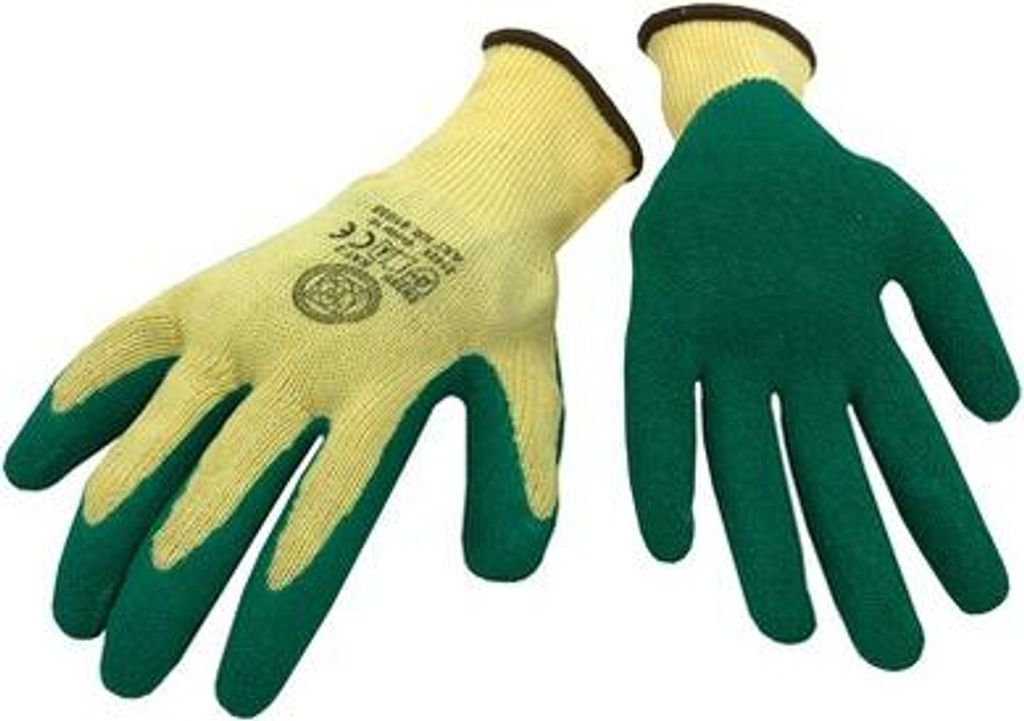 MMXX Handschuh, Polyester gelb, Gr. 10, EN 388, mit Schrumpf-Latex-Beschichtung grün, Kat. 2