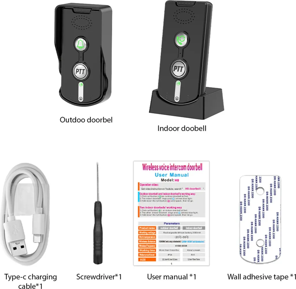 Sonnette sans fil étanche 1000m et interphone audio bidirectionnel noir