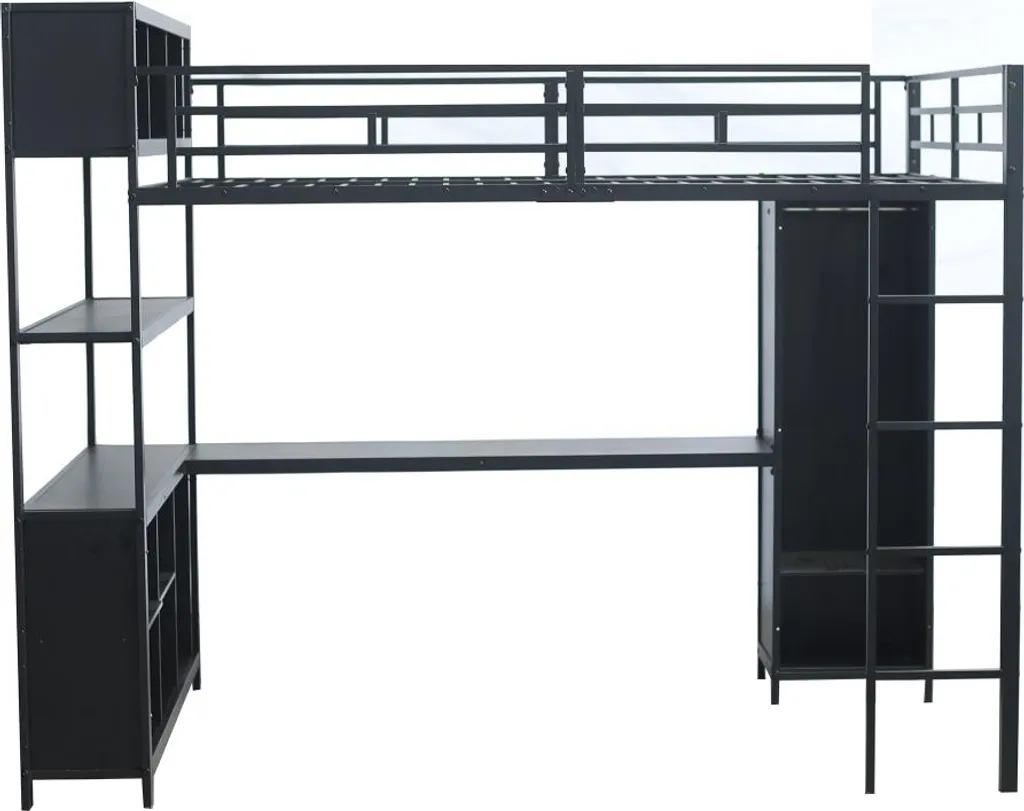 Lit surélevé noir 140x200 structure fer avec armoire de rangement intégrée - 10
