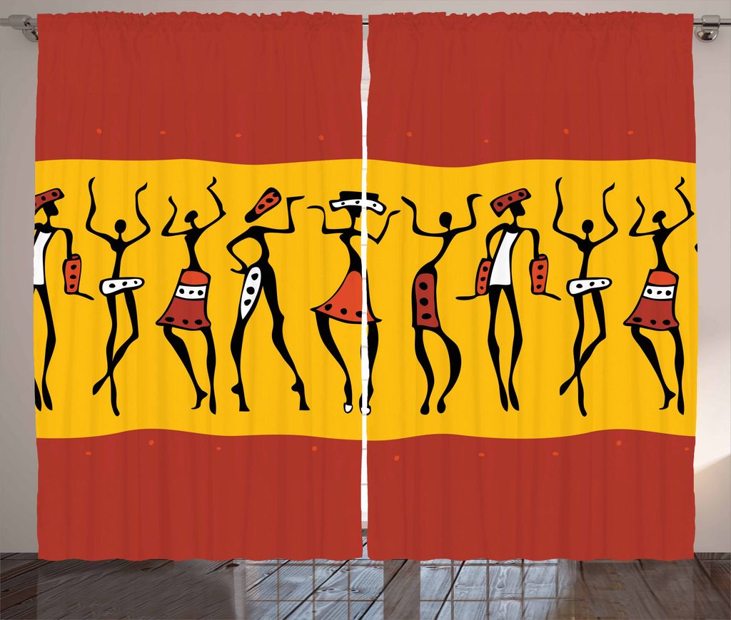 ABAKUHAUS afrikanisch Rustikaler Gardine, Tanzen-Leute, Schlafzimmer Kräuselband Vorhang mit Schlaufen und Haken, 280 x 175 cm, Dark Orange Gelb S...