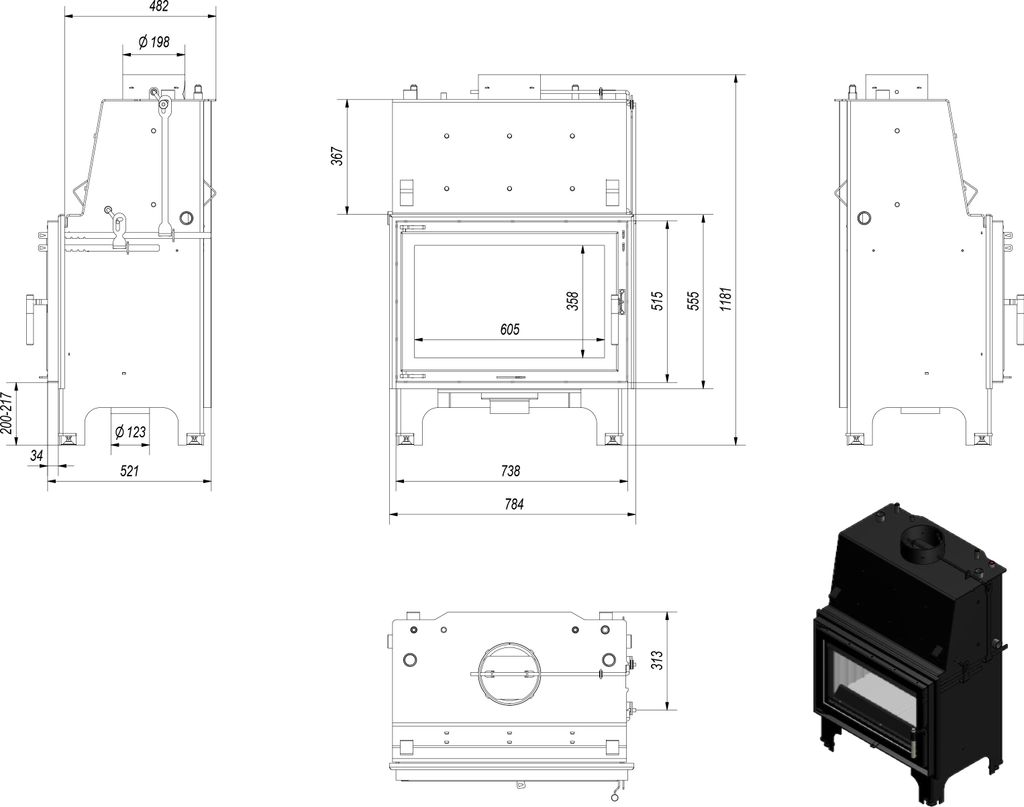 Wasserführender Kamineinsatz KRATKI AQUARIO O 12 kW Ø 200 mit Türfeder