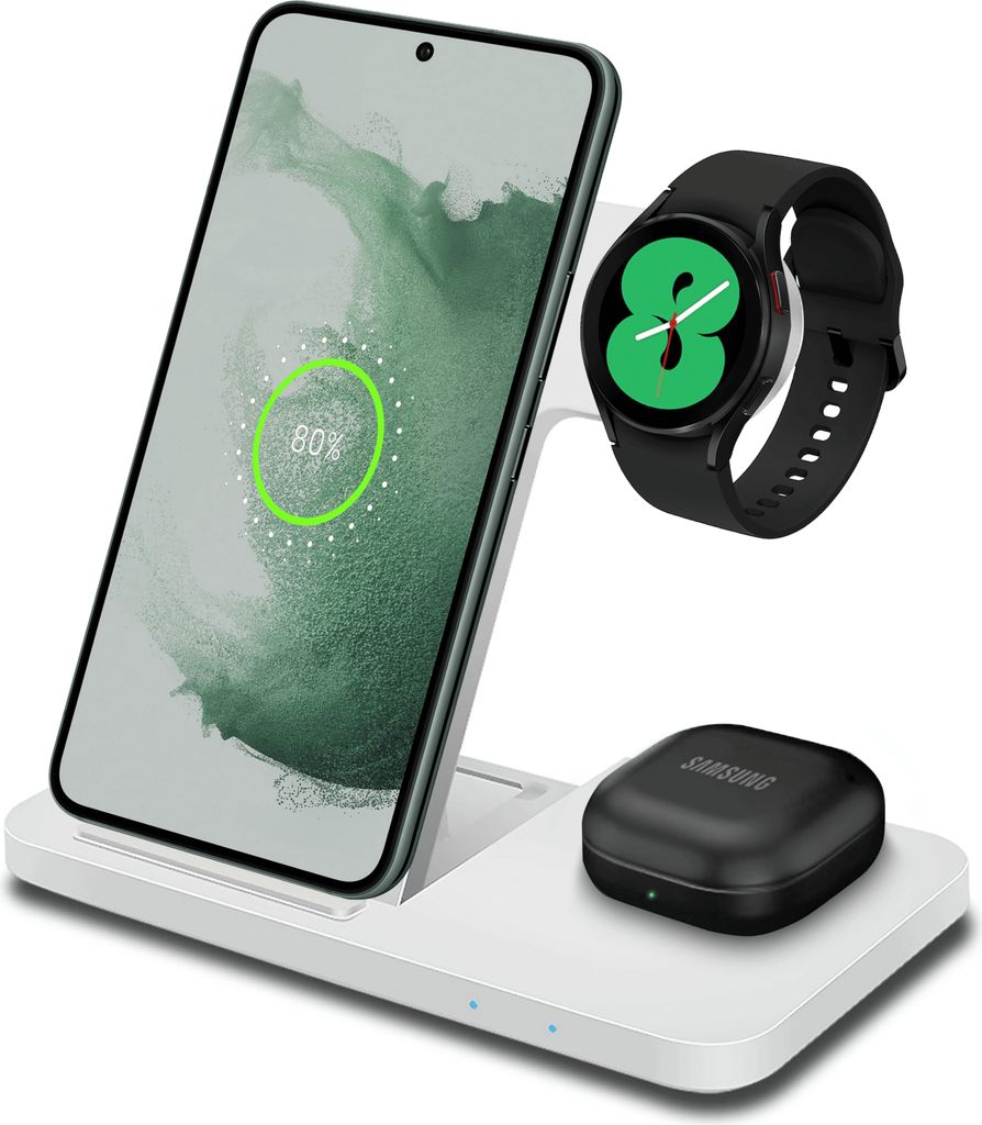 CHEROY 3 in 1 Ladestation - 15 W Qi Kabelloses Ladegerät - Für Samsung Smartphones, Galaxy Watch, Galaxy Buds - Weiß