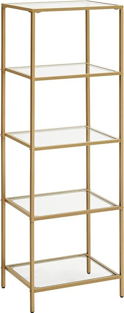 VASAGLE Bücherregal, 5-stöckiges Bücherregal, schlankes Regal für Schlafzimmer, Badezimmer, Heimbüro, gehärtetes Glas, Stahlrahmen, Gold ULGT...