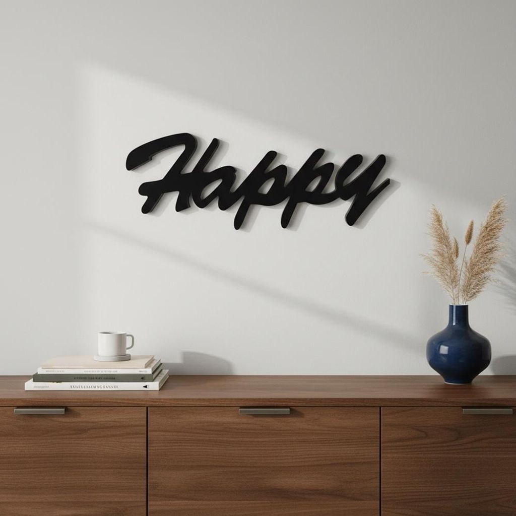 Znak dekoracyjny Happy z czarnego drewna MDF wiszący Zdjęcie produktu 