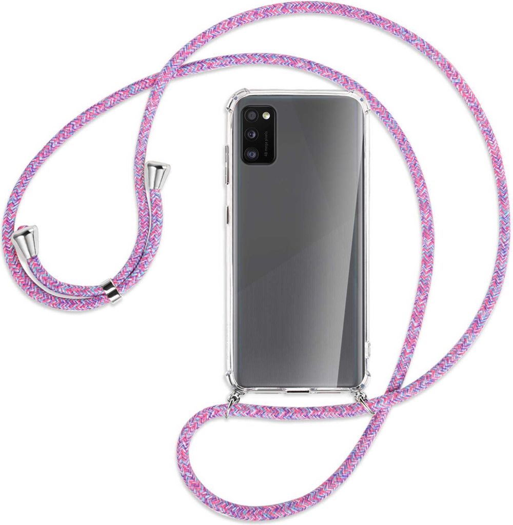 Handykette Backcover-Schutzhülle mit Band (Metall silberfarben) für Samsung Galaxy A41 (A415) - lila/rosa/blau