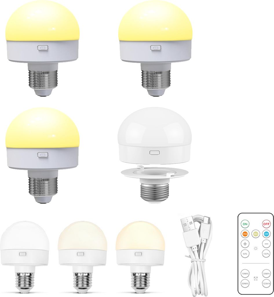 A collection of rechargeable LED light bulbs and a remote control, presented on a white background.