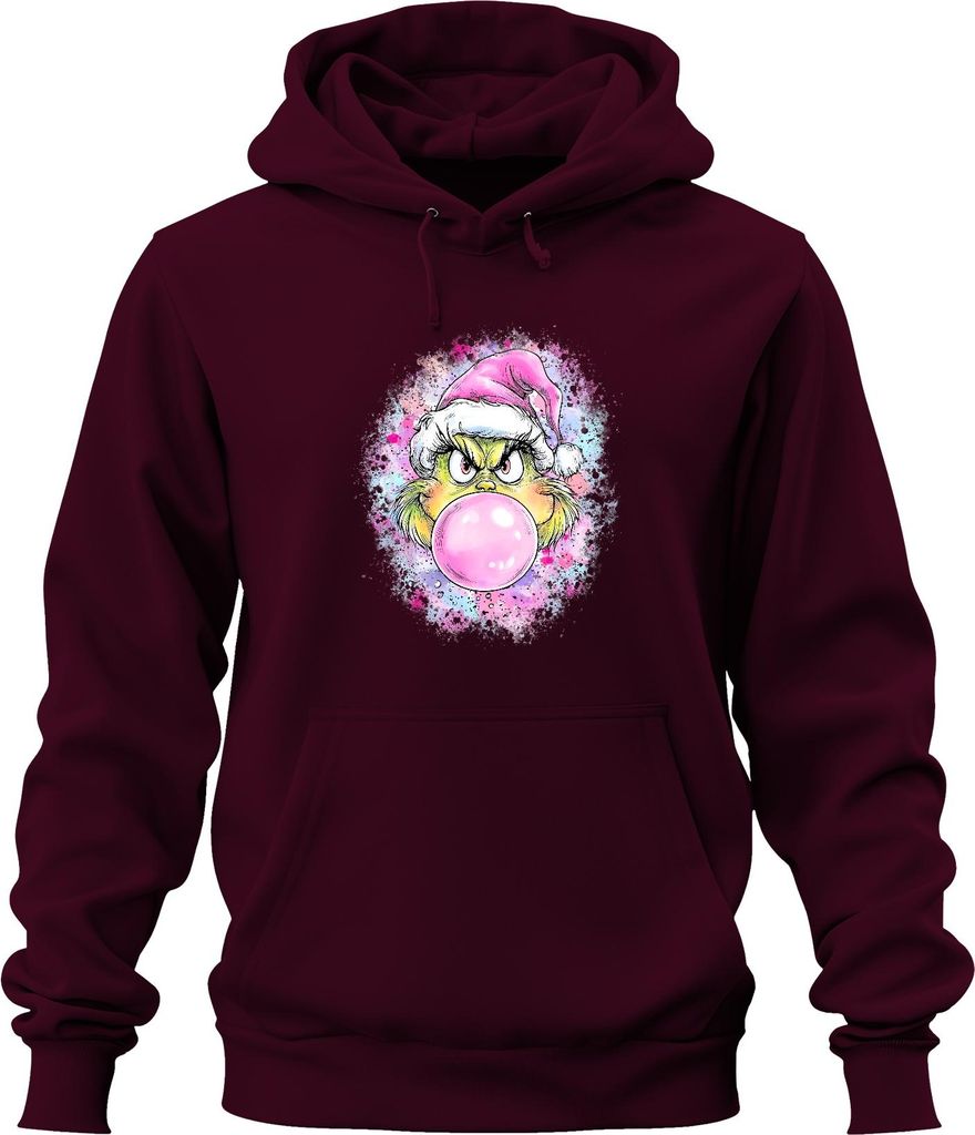Grinch rosa Kaugummiblase Weihnachten frech Geschenk Popart Uni Hoodie Kapuzenpullover, Burgundy, L