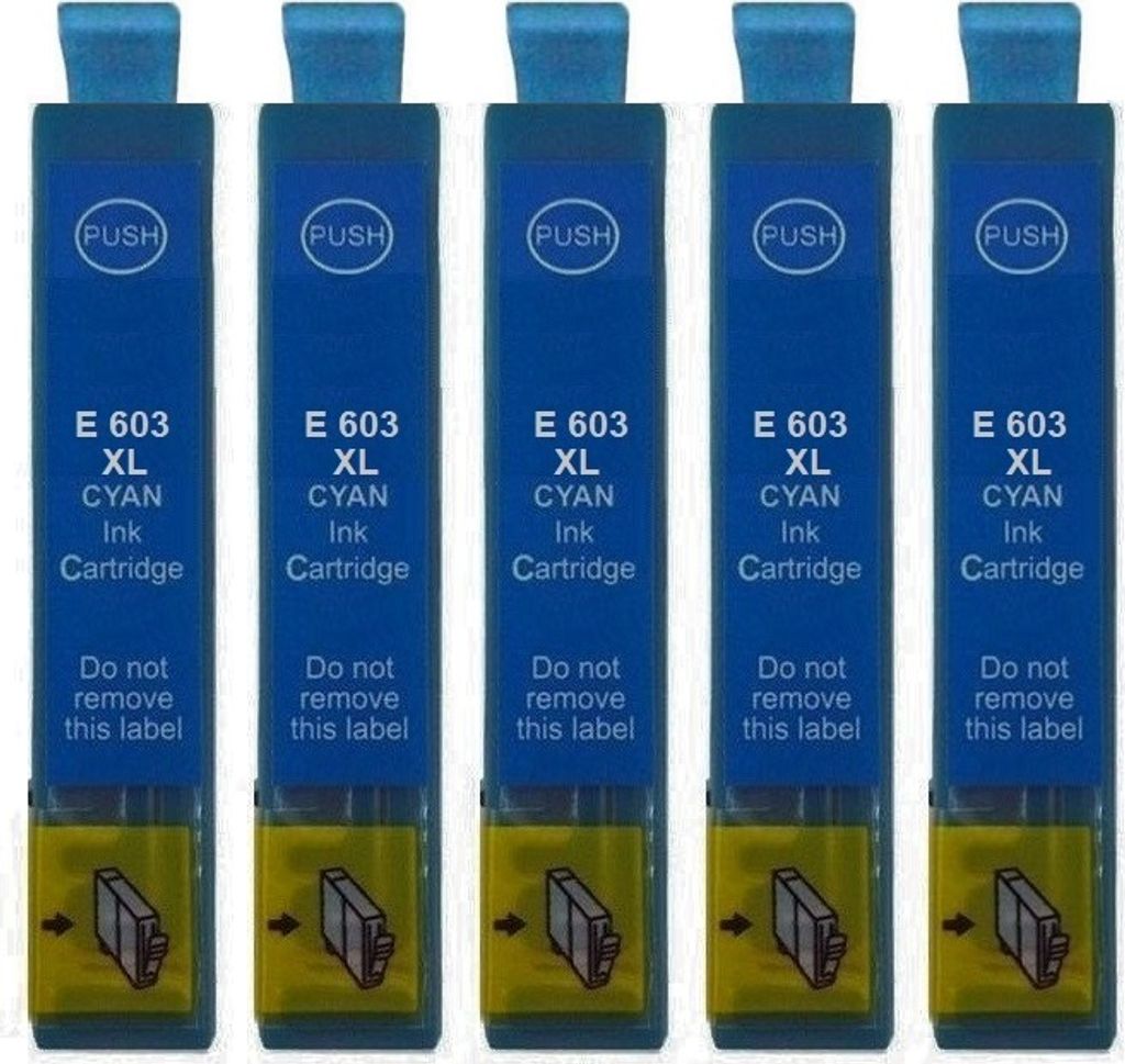 Five cyan ink cartridges are lined up against a white background.