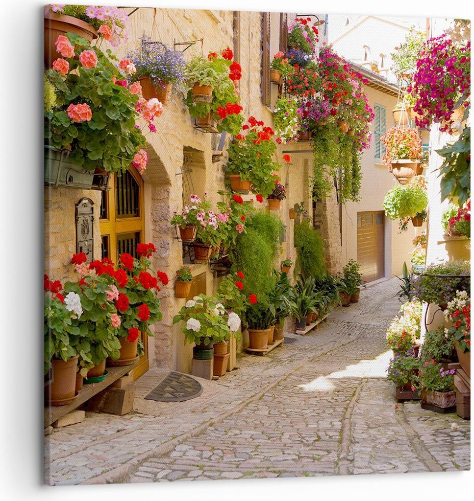 Bild auf Leinwand - Leinwandbild - Blume Straße Haus - 50x50cm - Wand Bild - Wanddeko - Wandbilder - Leinwanddruck - Bilder - Kunstdruck - Wanddek...