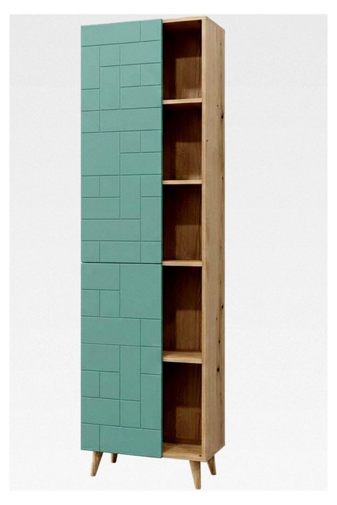 Badschrank Rudi, Mintgrün, 56 x 193 cm mit Türen und offenen Fächern, Push-to-Open Mechanismus und kombinierbarer Bauweise