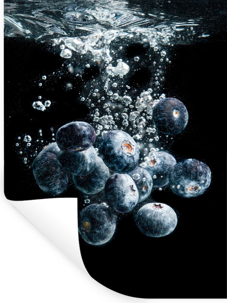 MuchoWow Wandtattoo Wandsticker Wandaufkleber Blaubeeren - Obst - Beeren - Stillleben - Wasser - Schwarz 60x80 cm Selbstklebend und Repositionier...