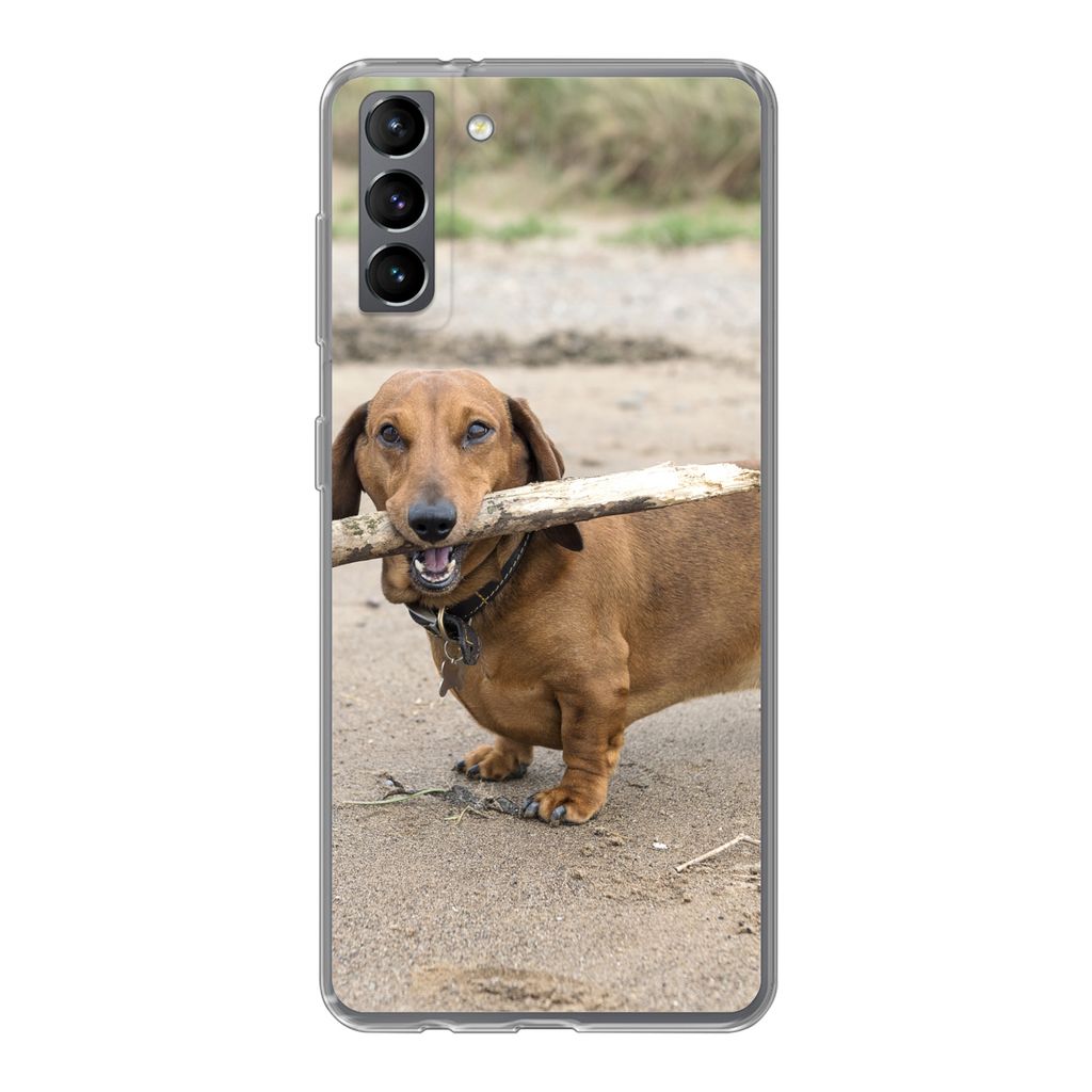 MuchoWow Handyhülle Schutzhülle Hülle für Samsung Galaxy S21 Plus Ein schöner Dackel mit einem Stock im Maul Silikon Softcase Handy Hülle -...