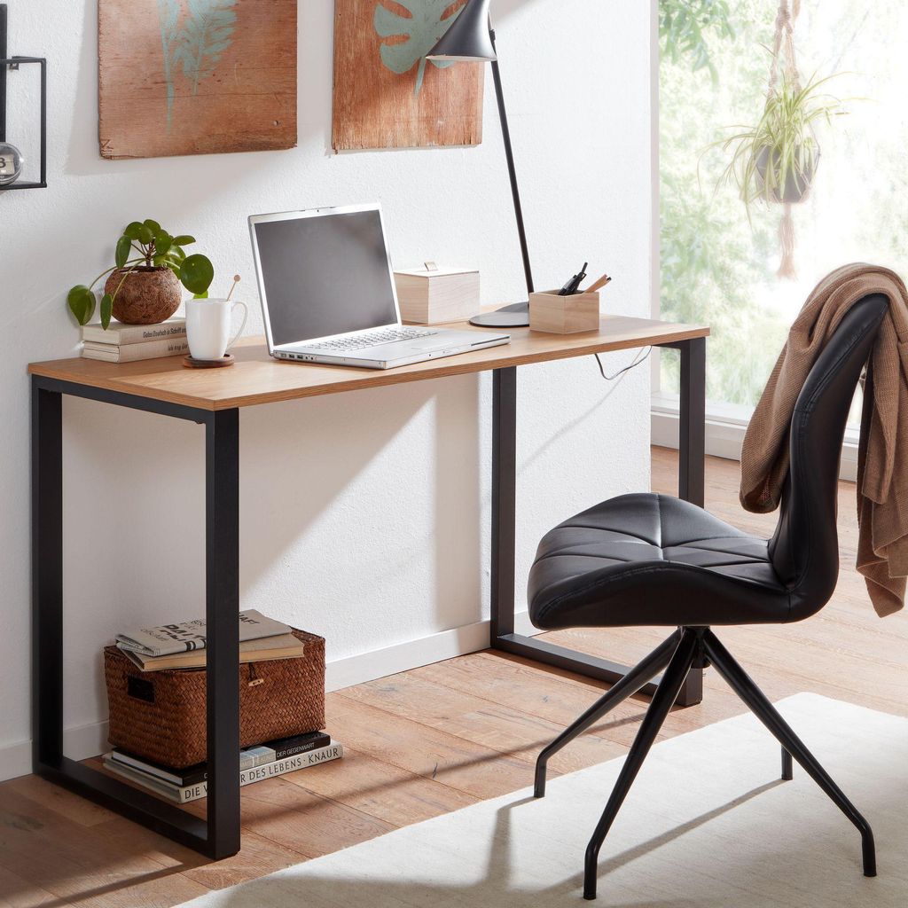 WOHNLING Schreibtisch Eiche-Nachbildung / Schwarz 120x60x76 cm Computertisch Homeoffice Bürotisch Klein Hell Laptoptisch Arbeitszimmer mit Metallb...