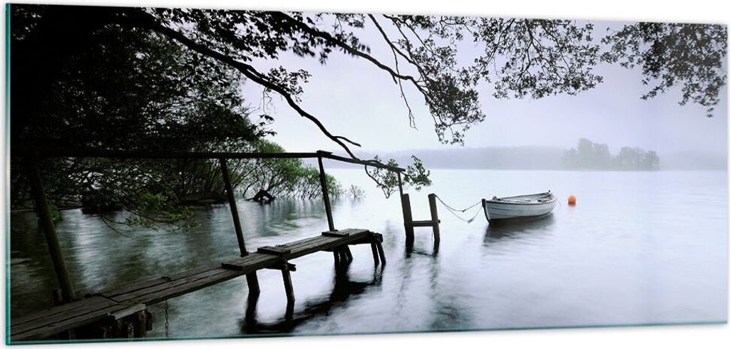 Bilder auf glas - See Dock Boot Bäume - 100x40cm - Glasbilder - Wandbilder - Kunstdruck - zum Aufhängen bereit - Wanddekoration aus Glas - Glas B...