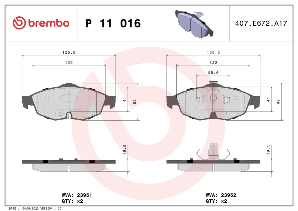 Freinage Brembo P 11 016 : Plaquettes OE 05018942AA Sebring série J