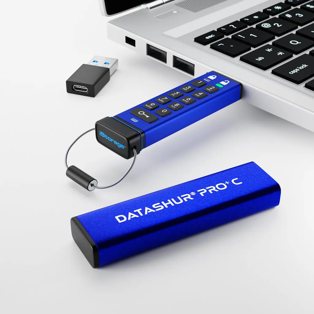 iStorage datAshur PRO+C 256 Go - Clé USB C 3.2 Sécurisée par Code PIN Bleu