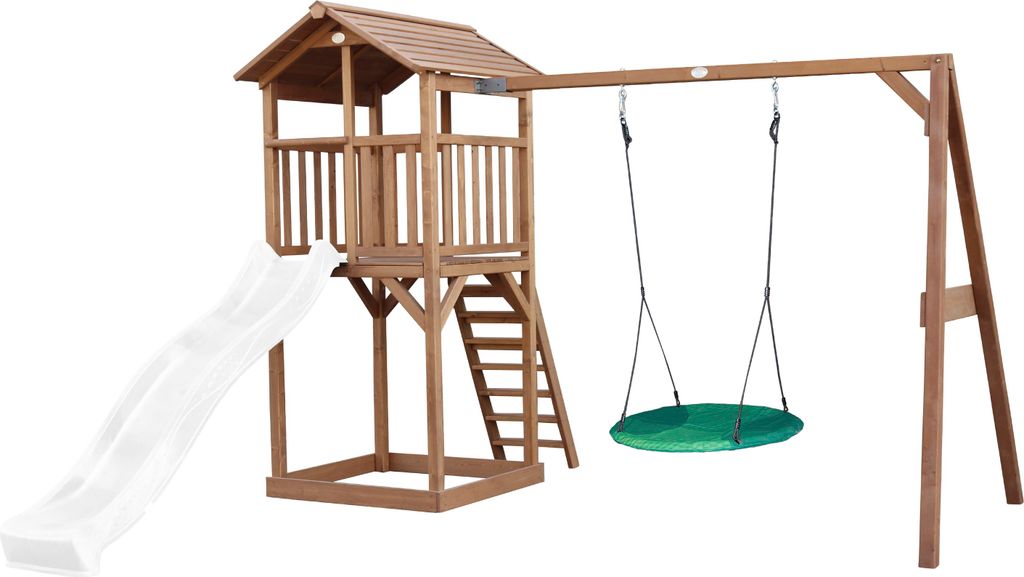 AXI Beach Tower Spielturm aus Holz in Braun | Spielhaus für Kinder mit weißer Rutsche, Nestschaukel und Sandkasten | Stelzenhaus für den Garten