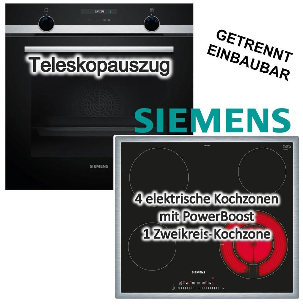 Herdset Siemens Backofen Hydrolyse 3D-Heißluft Teleskopauszug Pizzastufe + Elektrokochfeld 4 Zonen Booster