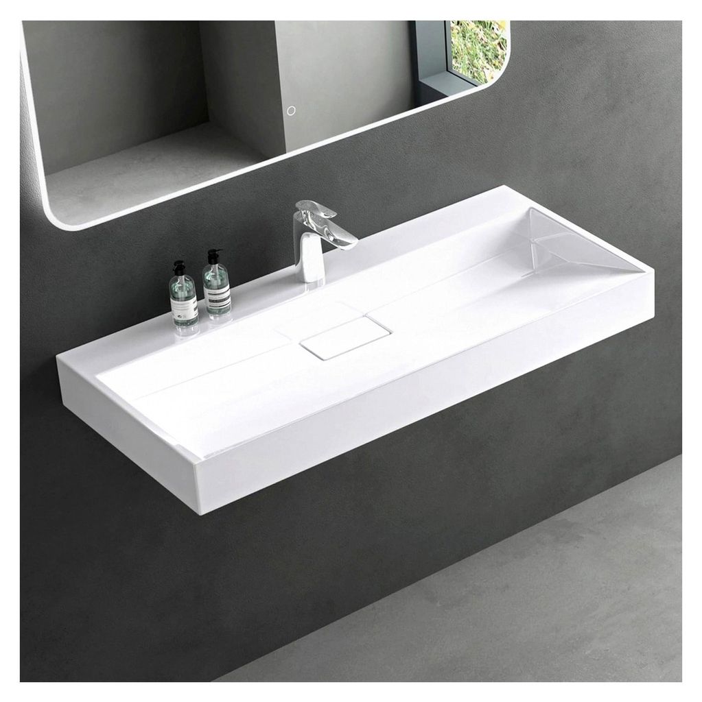Waschbecken Weiß Aufsatzwaschbecken Hängewaschtisch mit Ablaufgarnitur Mineralguss Rechteckig Waschplatz 1-Armaturenloch Breite: 120cm