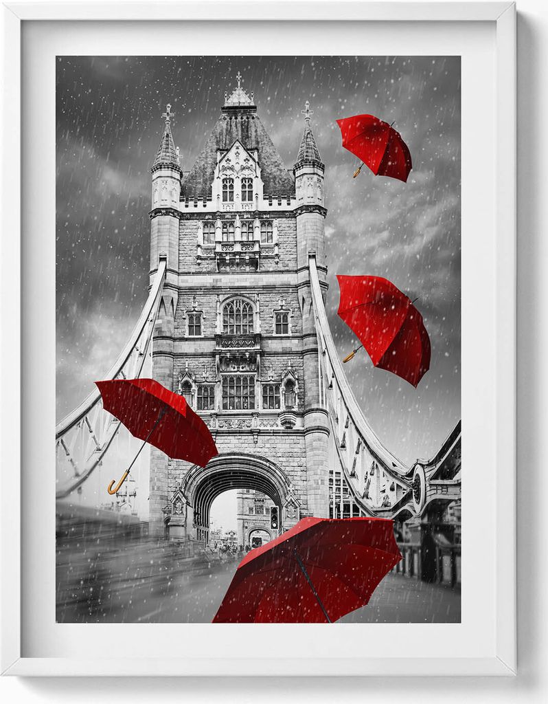Schwarze Regenschirme auf einer Brücke London– Wandbild mit Rahmen – Gerahmtes Bild – Wanddekoration – 60x80 cm – Weiß Rahmen