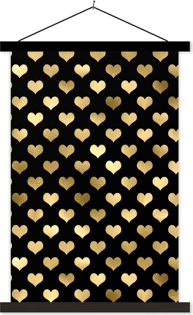 MuchoWow Textilposter Muster - Herz - Gold 40x60 cm mit schwarzem Rahmen - Wanddekorationen