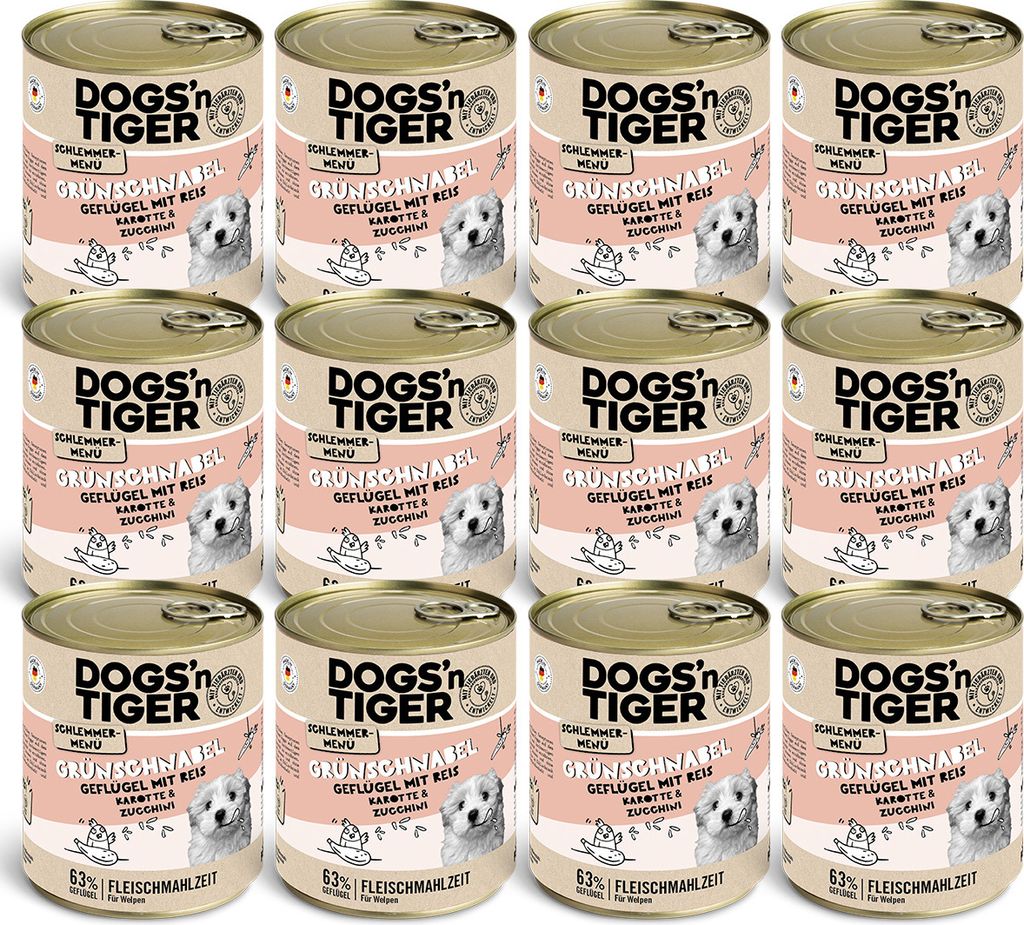 Dogs’n Tiger Junior, Hundefutter, Grünschnabel, Hunde Nassfutter, Welpen Futter, Geflügel, Getreidefrei, Naturreis, Karotte & Zucchini, 12x800g
