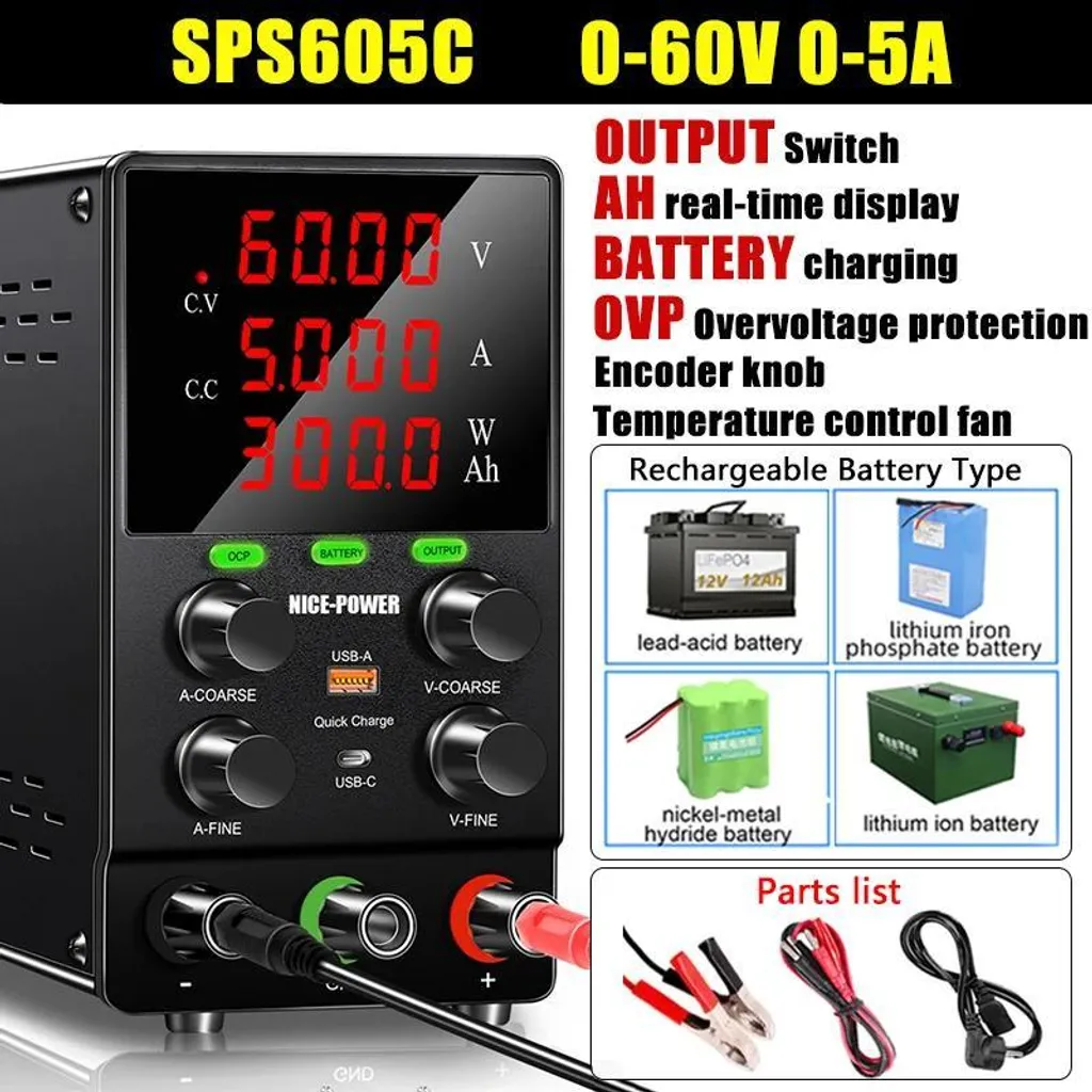 Alimentation de laboratoire CC SPS605C 60V 5A avec limitation OCP
