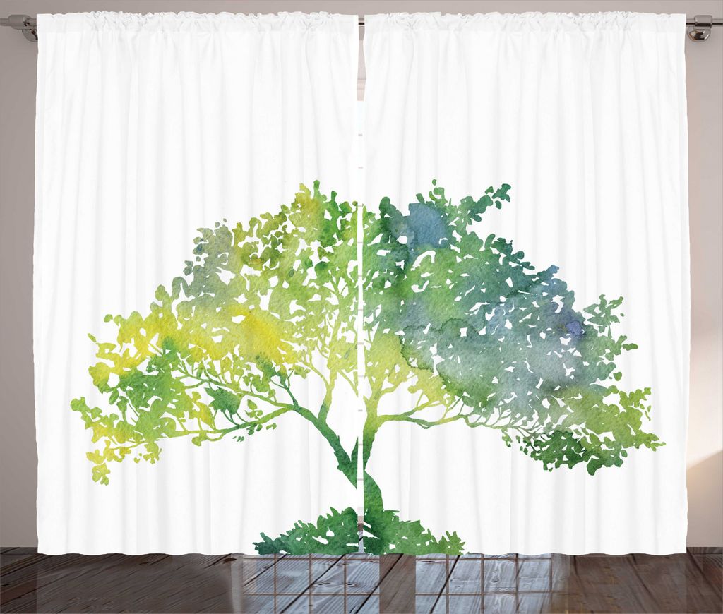 ABAKUHAUS Baum Rustikaler Vorhang, Aquarell Gradient Natur, Wohnzimmer Universalband Gardinen mit Schlaufen und Haken, 280 x 225 cm, Lime Green White