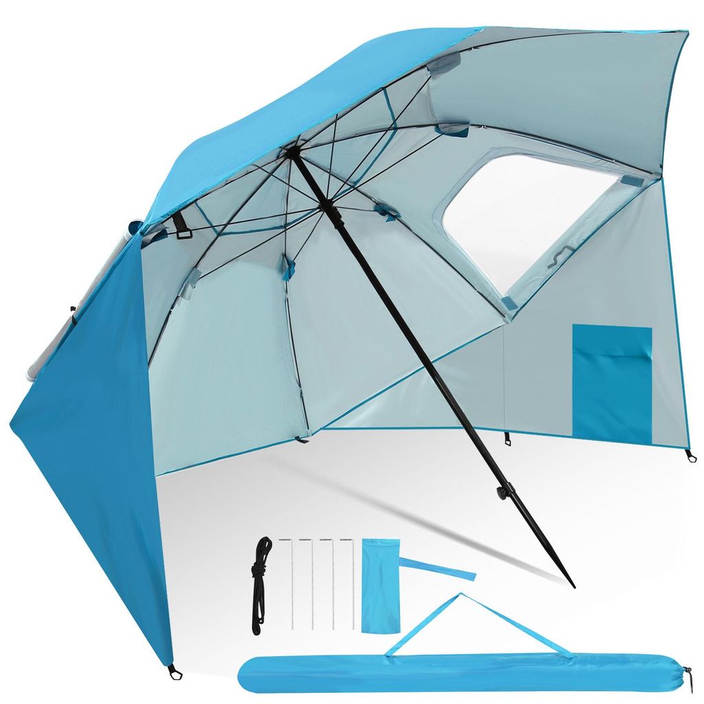 Peviasot Strandschirm 210 cm mit Tragetasche, UV50+ Sonnenschutz, neigbar, leichter Gartenschirm für Strand Camping Terrasse Himmelblau