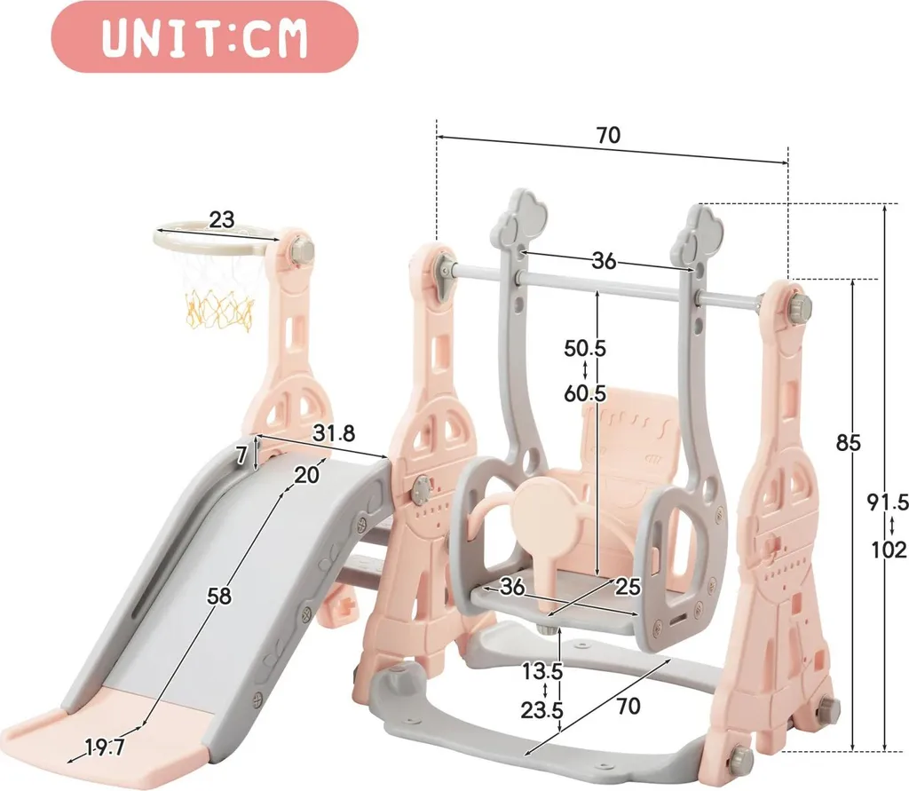 Toboggan et balançoire multifonction 4-en-1 rose en plastique robuste