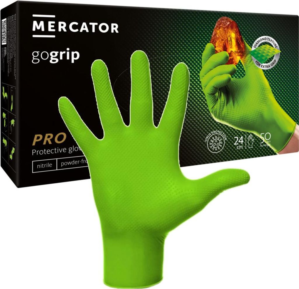 A box of Mercator GOGRIP PRO nitrile protective gloves, with a single green glove prominently displayed in front of the box.